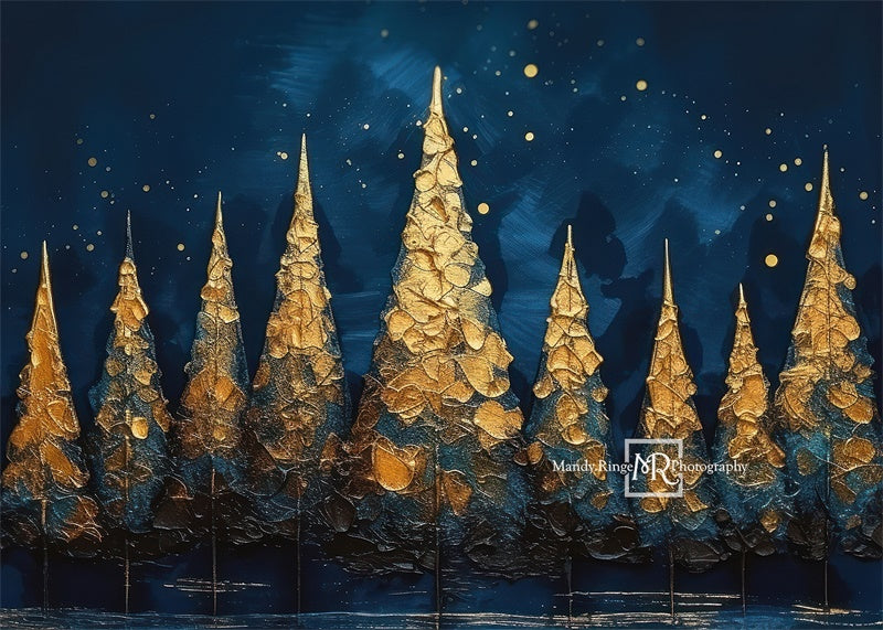 Kate Blue and Gold Painted Holiday Trees Backdrop Designed by Mandy Ringe Photography