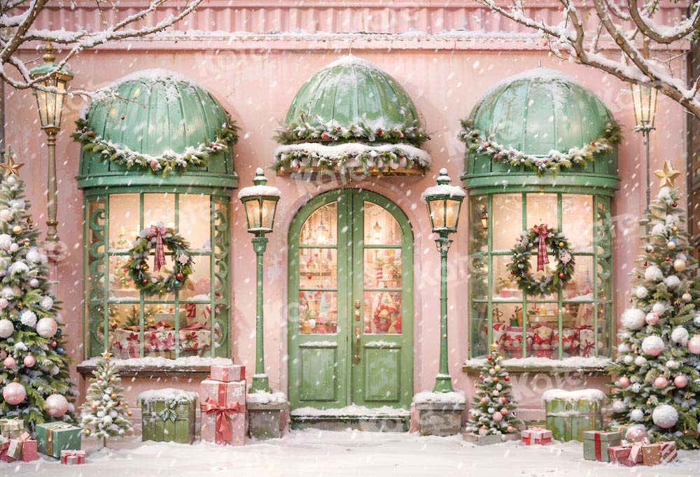 Kate Christmas Pink House Snow Gift Street Backdrop Designed by Chain Photography