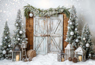 Kate Christmas Barn Door Tree in Snow Printed Backdrop Designed by Emetselch