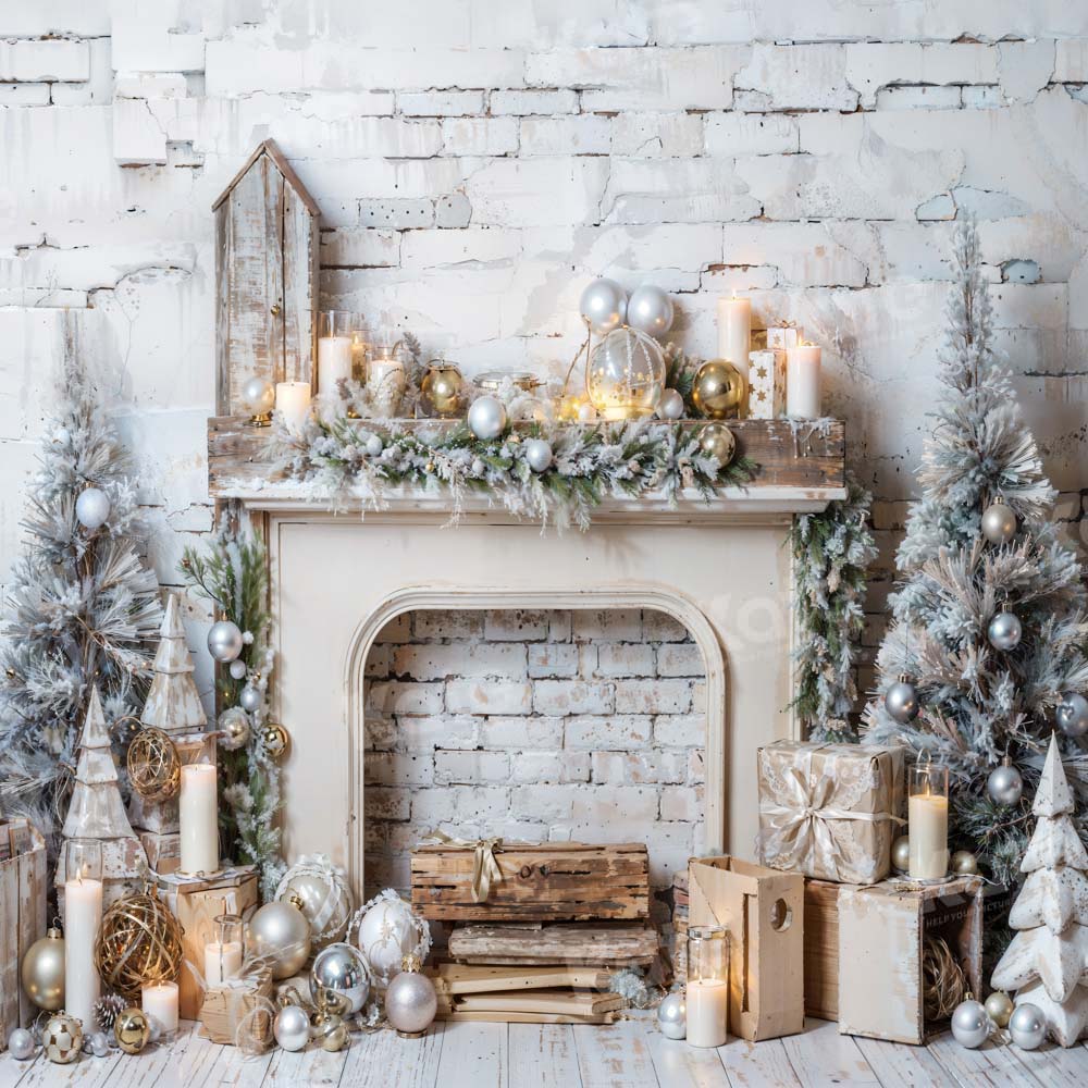 Kate Christmas Fireplace Tree Brick Wall Backdrop Designed by Emetselch