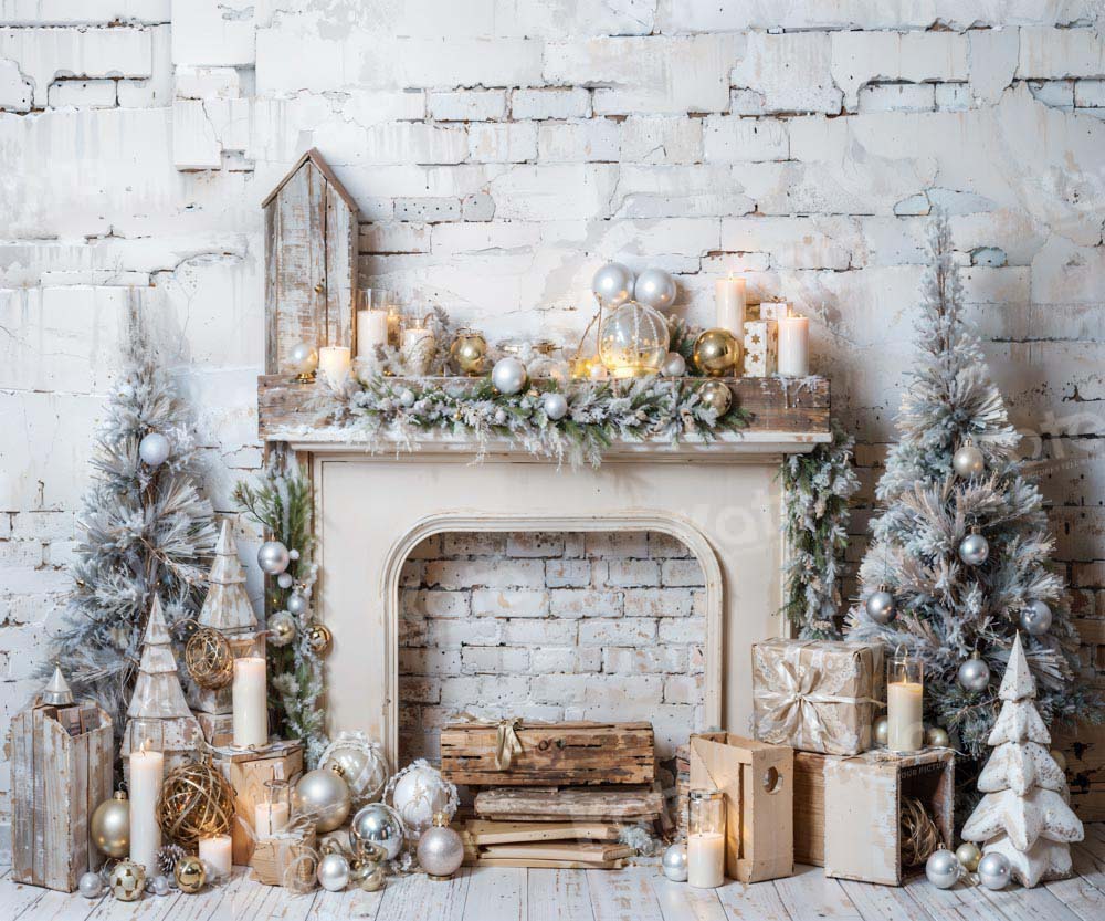 Kate Christmas Fireplace Tree Brick Wall Backdrop Designed by Emetselch