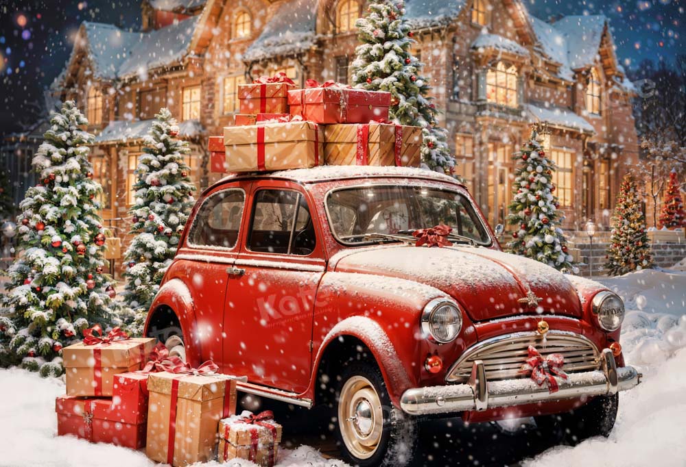 Kate Christmas Red Gift Car Snowy House Backdrop Designed by Chain Photography