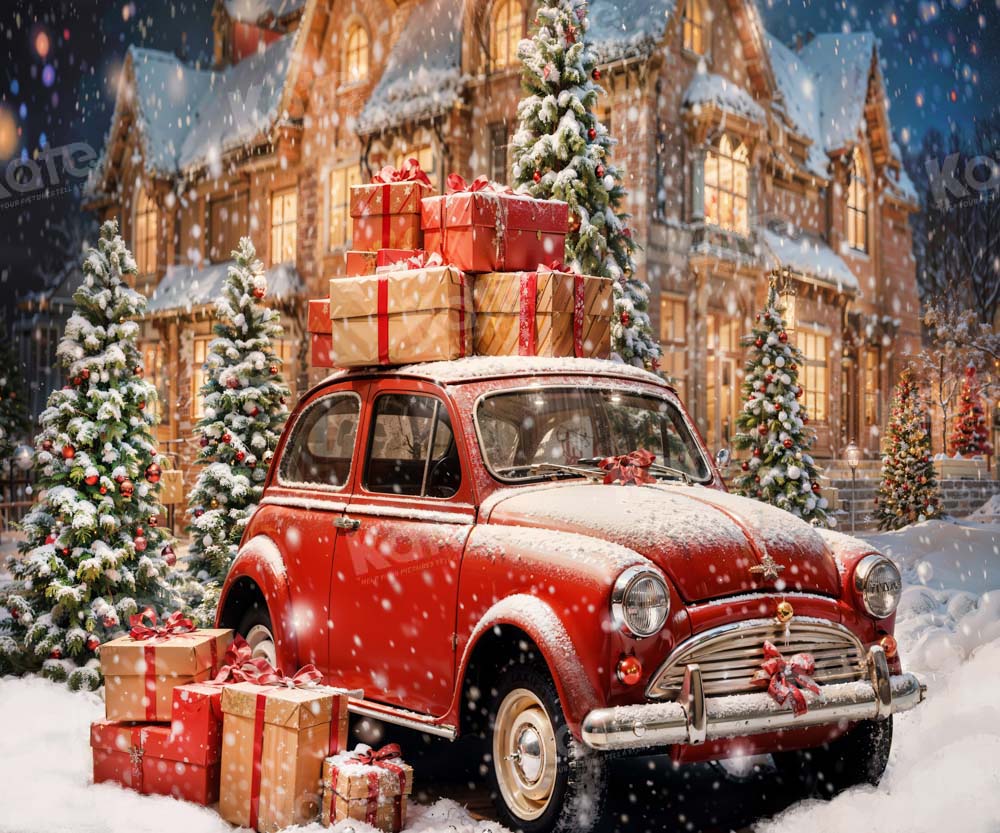 Kate Christmas Red Gift Car Snowy House Backdrop Designed by Chain Photography