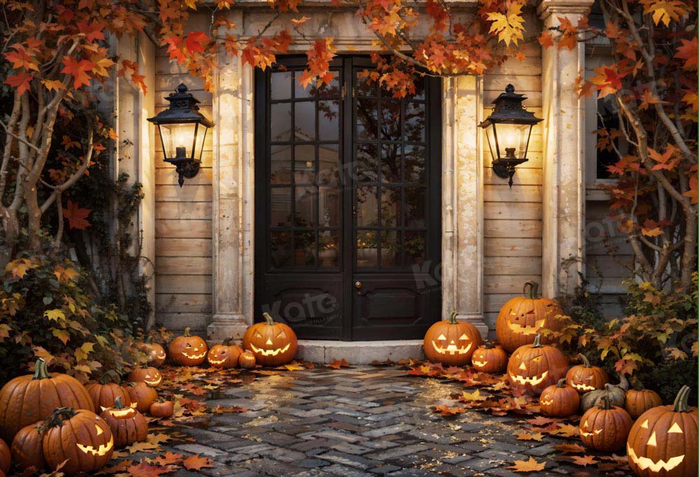 Kate Autumn Halloween Pumpkin House Leaves Door Backdrop Designed by Emetselch