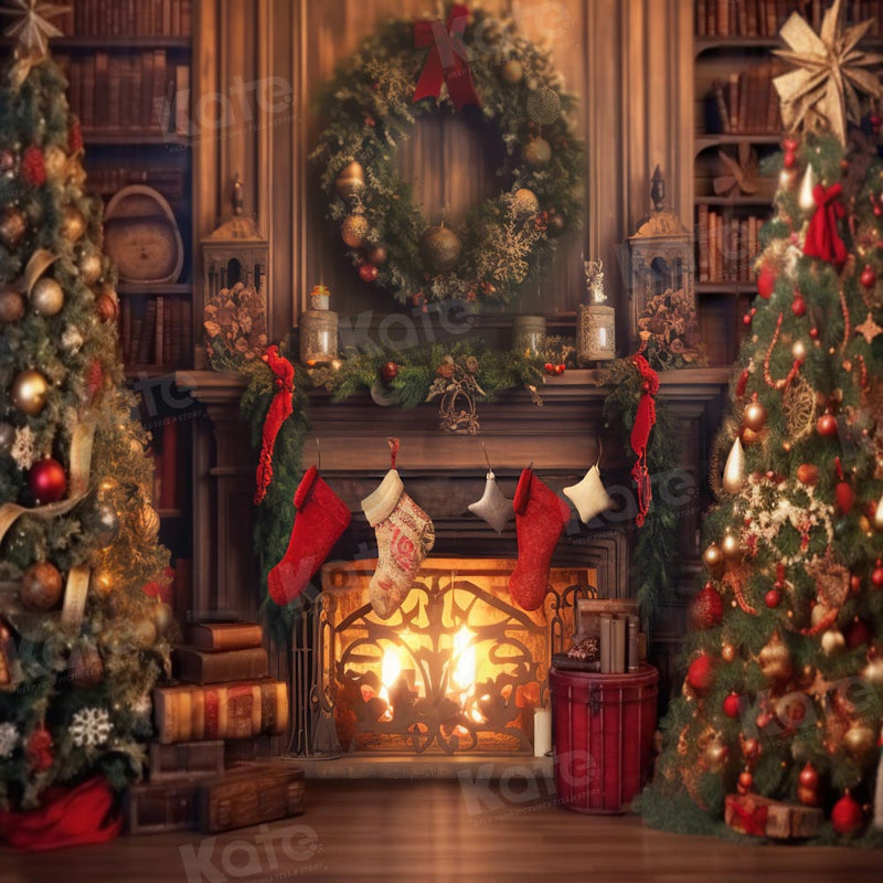 Fireplace Candle Christmas Tree Portrait Backdrop
