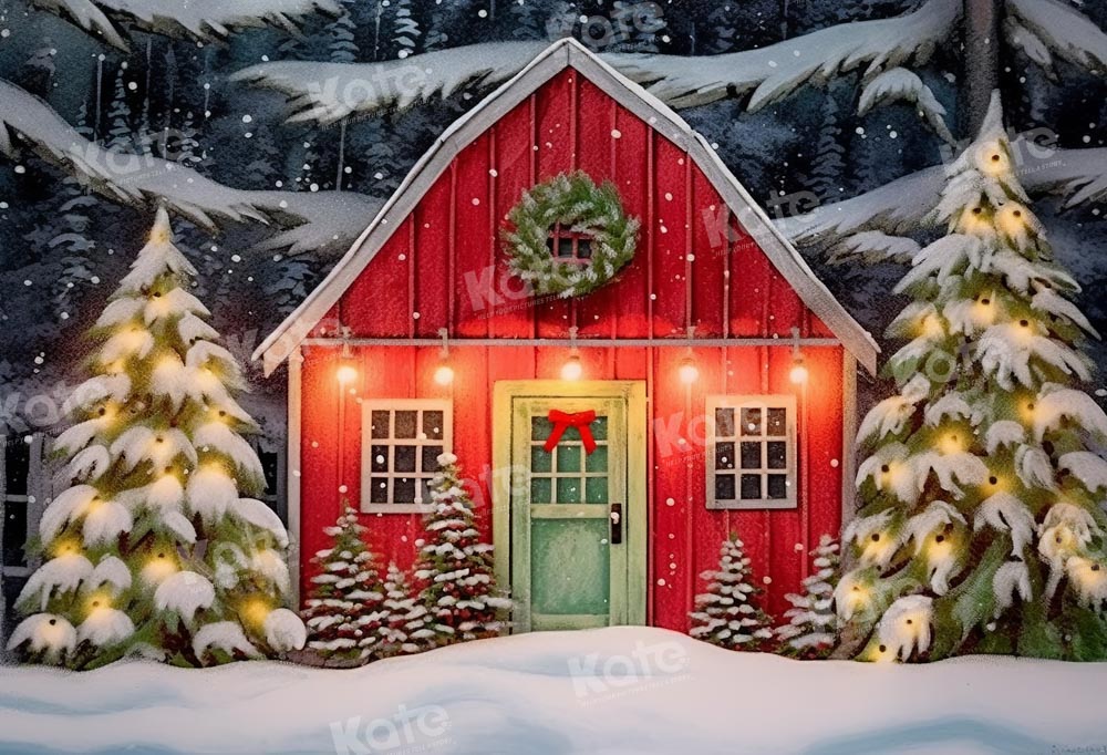 Kate Christmas Winter Red Barn in Snowy Night Backdrop Designed by GQ
