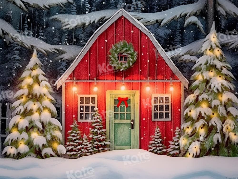 Kate Christmas Winter Red Barn in Snowy Night Backdrop Designed by GQ
