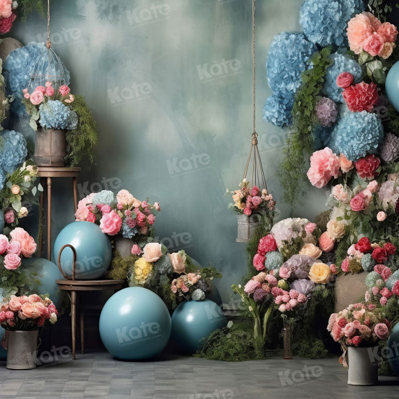 Kate Blue Balloon Full of Flower Cake Smash Birthday Backdrop for Photography