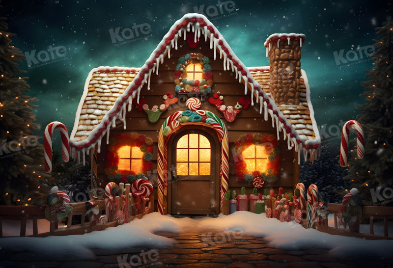 Kate Christmas Gingerbread Candy House in Night Backdrop for Photography