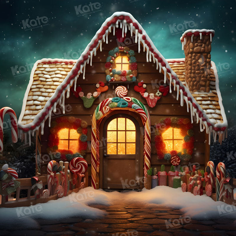Kate Christmas Gingerbread Candy House in Night Backdrop for Photography
