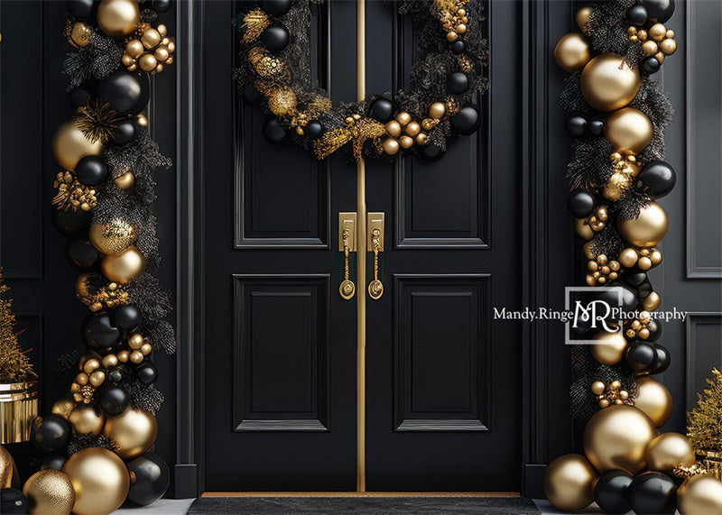 Kate Elegant Black and Gold Christmas Front Door Backdrop Designed by Mandy Ringe Photography