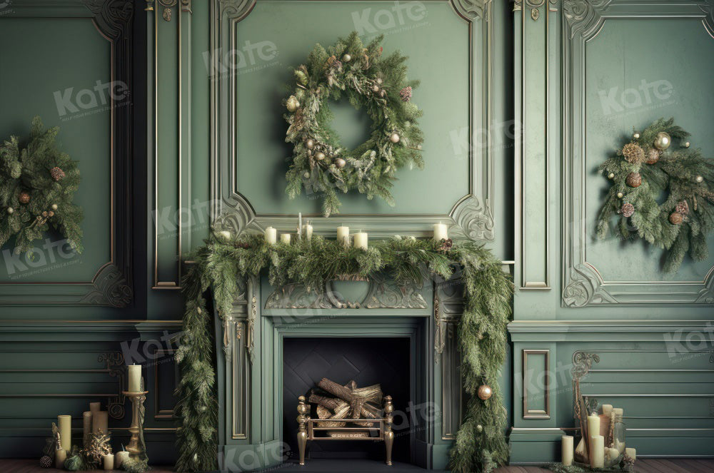 Kate Elegant Fireplace with Christmas Greenery Fleece Backdrop Designed by Mandy Ringe Photography