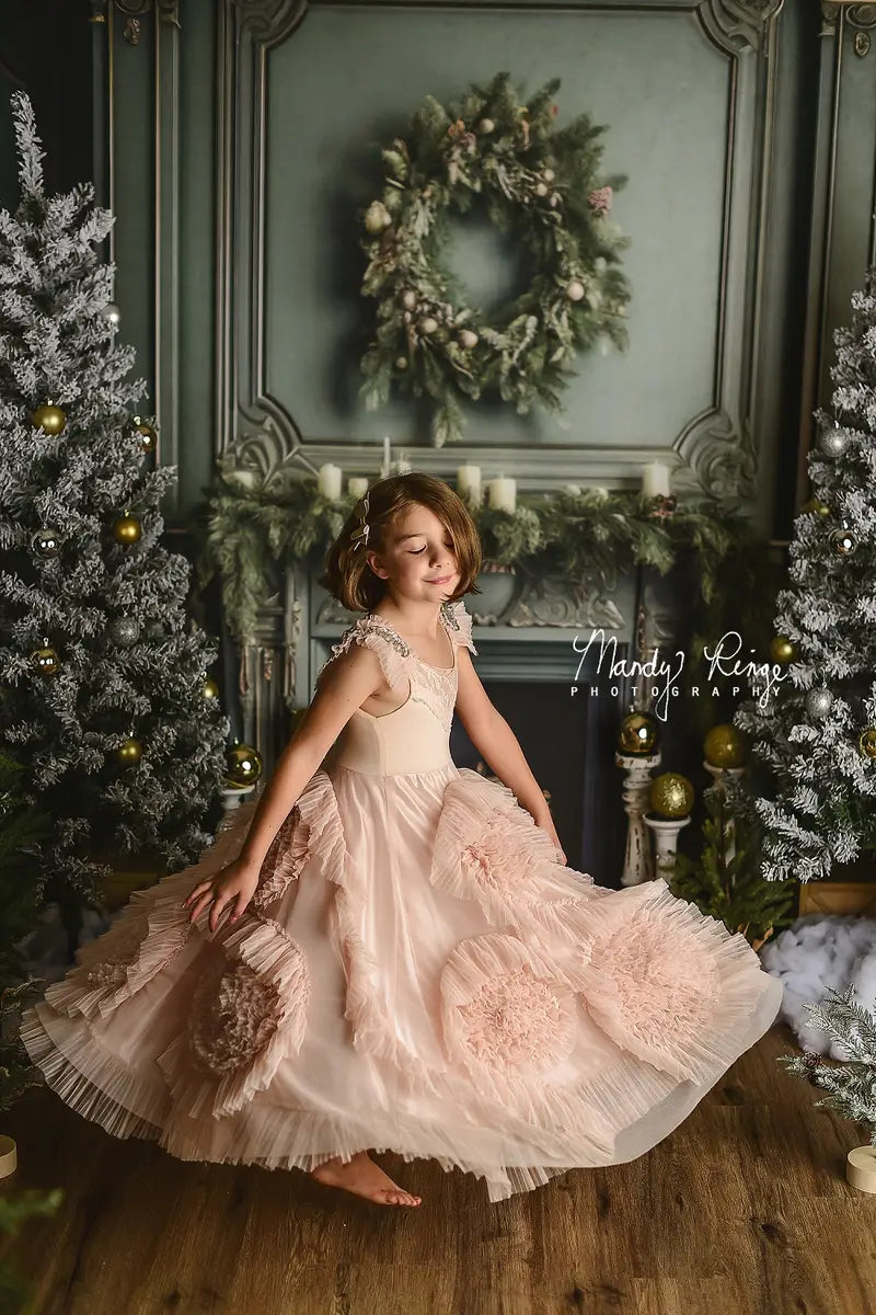 Kate Elegant Fireplace with Christmas Greenery Backdrop Designed by Mandy Ringe Photography