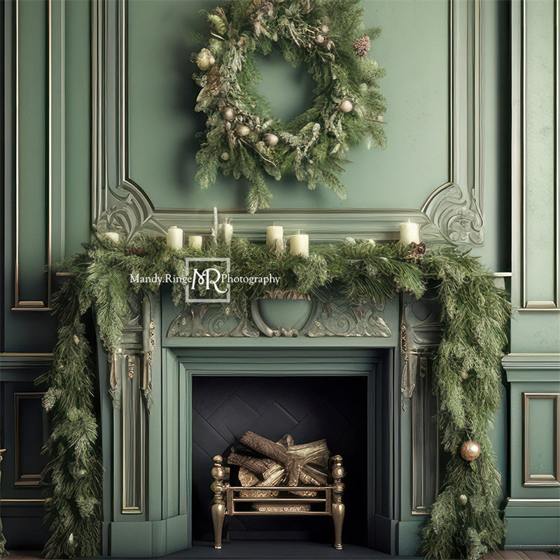 Kate Elegant Fireplace with Christmas Greenery Fleece Backdrop Designed by Mandy Ringe Photography