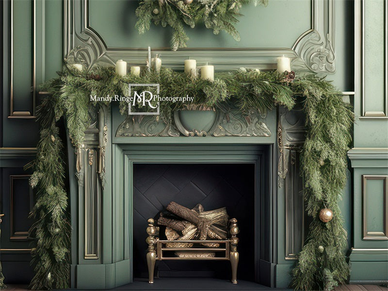 Kate Elegant Fireplace with Christmas Greenery Fleece Backdrop Designed by Mandy Ringe Photography