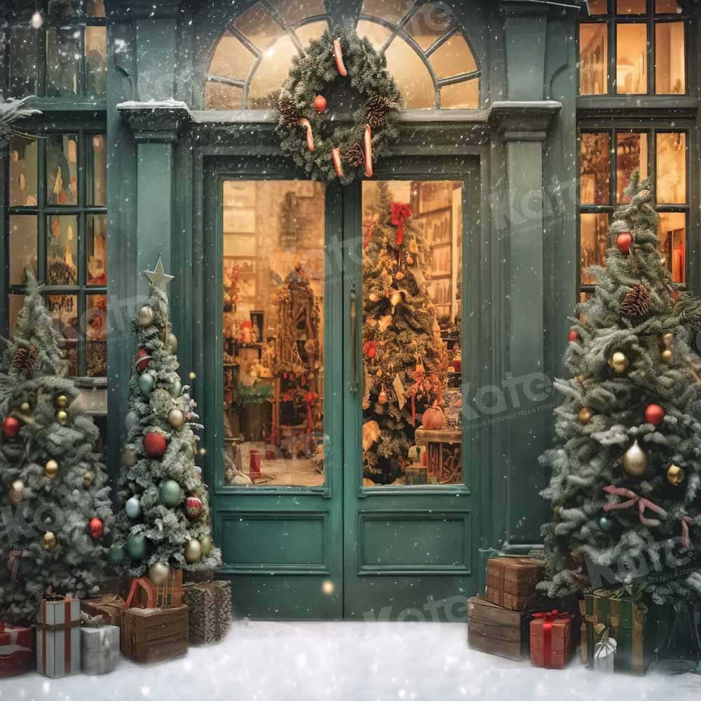 Kate Christmas Snow Green House Store Tree Backdrop Designed by Emetselch