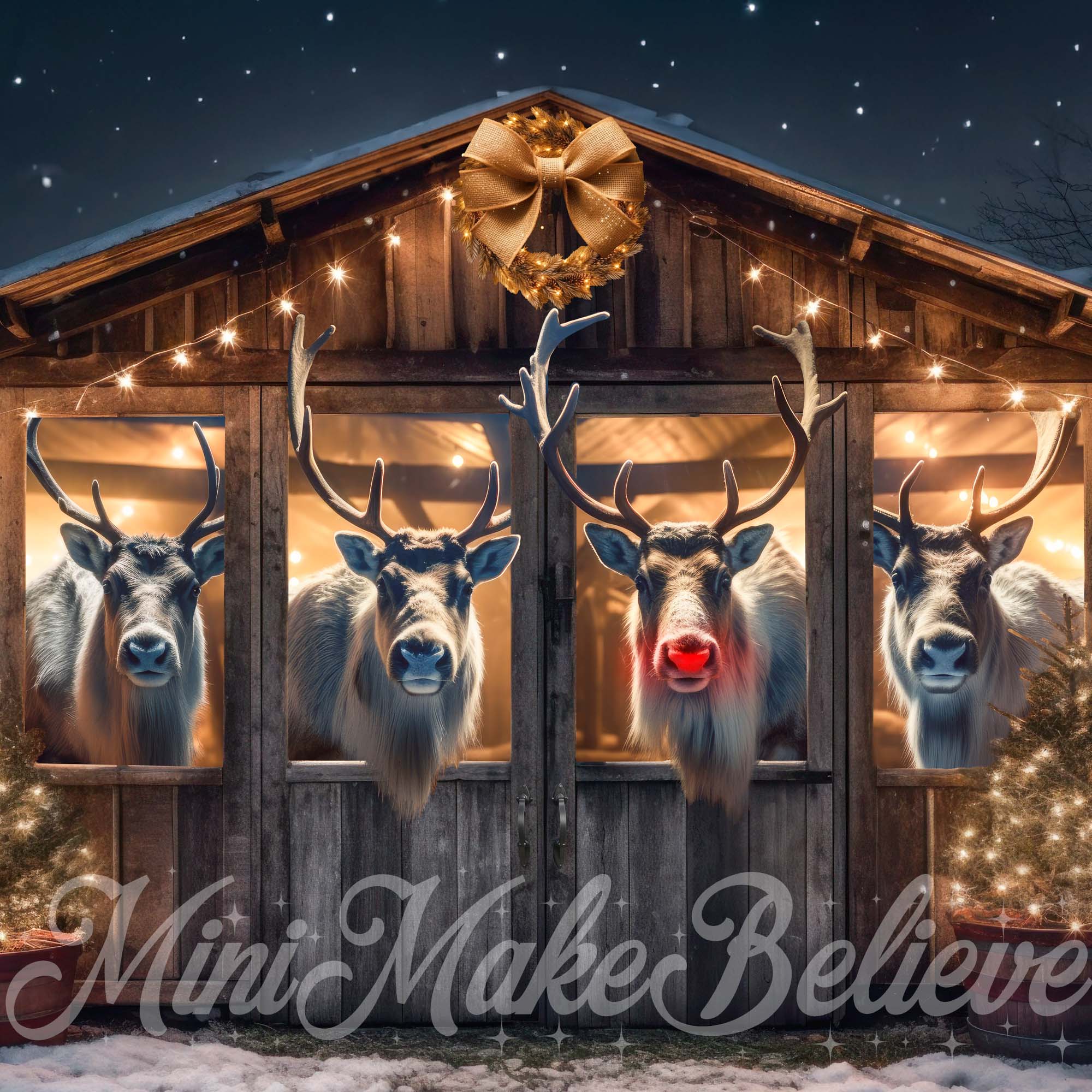 Kate Christmas Reindeer- Stall at Night Backdrop Designed by Mini MakeBelieve