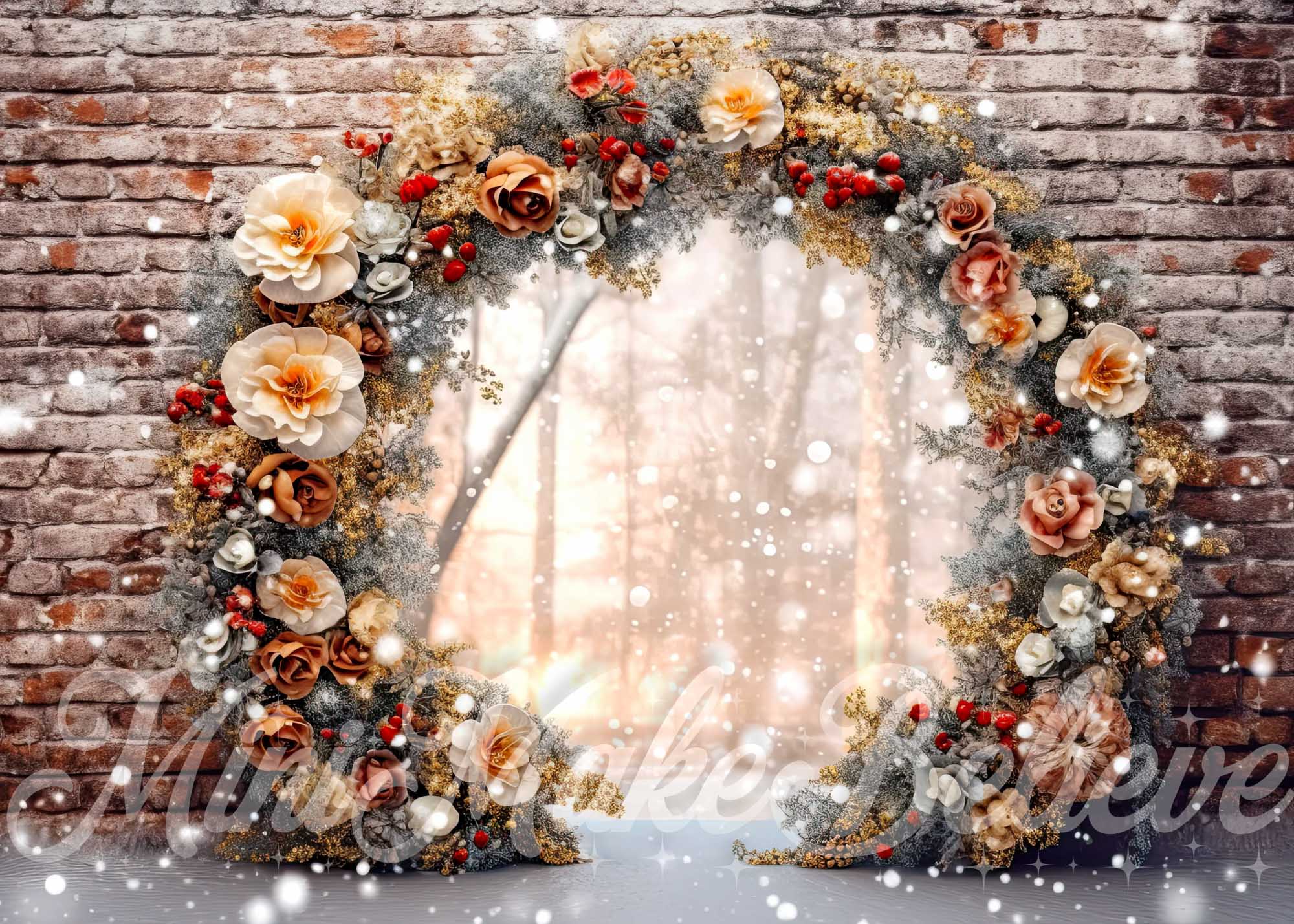 Kate Brick Wall Enchanted Floral Arch Christmas Winter Backdrop Designed by Mini MakeBelieve