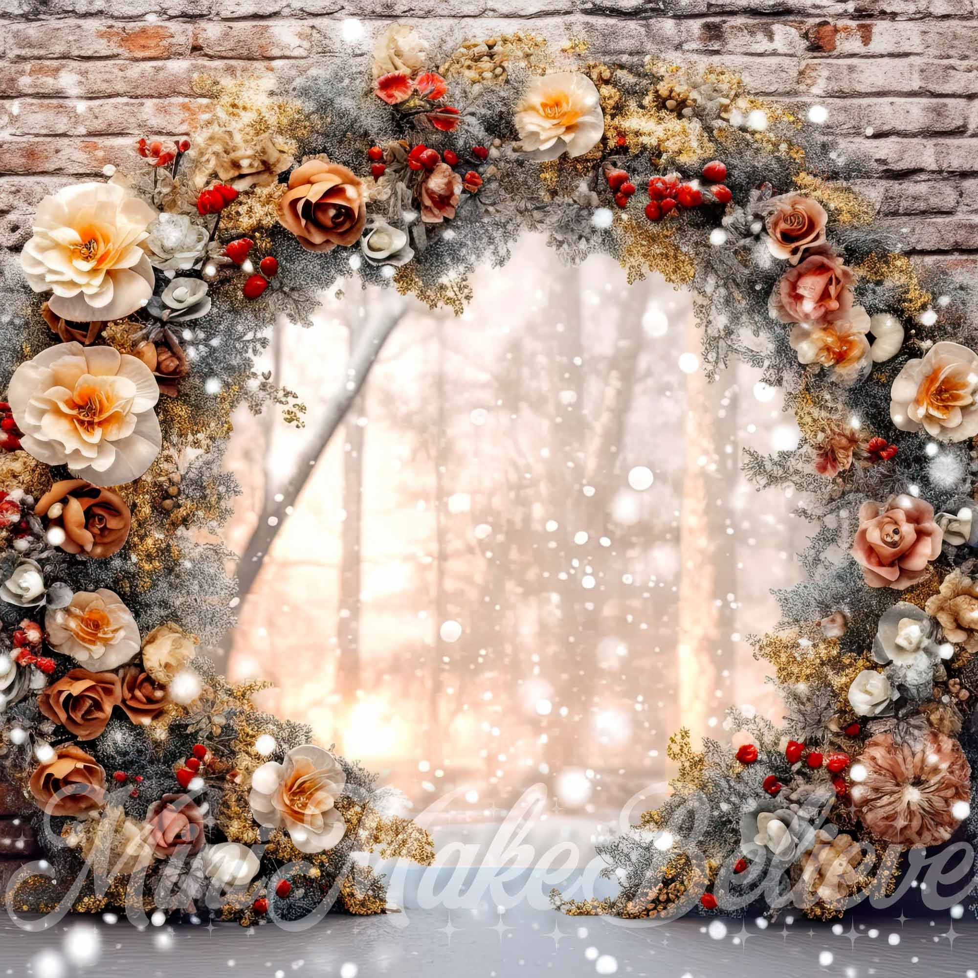 Kate Brick Wall Enchanted Floral Arch Christmas Winter Backdrop Designed by Mini MakeBelieve