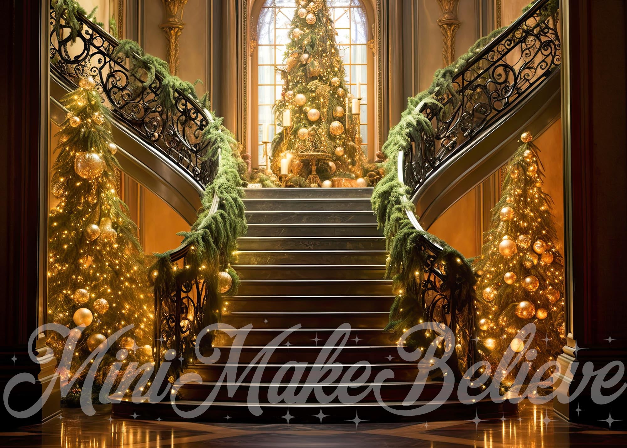 Kate Cascading Stairs with Tree Christmas Winter Backdrop Designed by Mini MakeBelieve