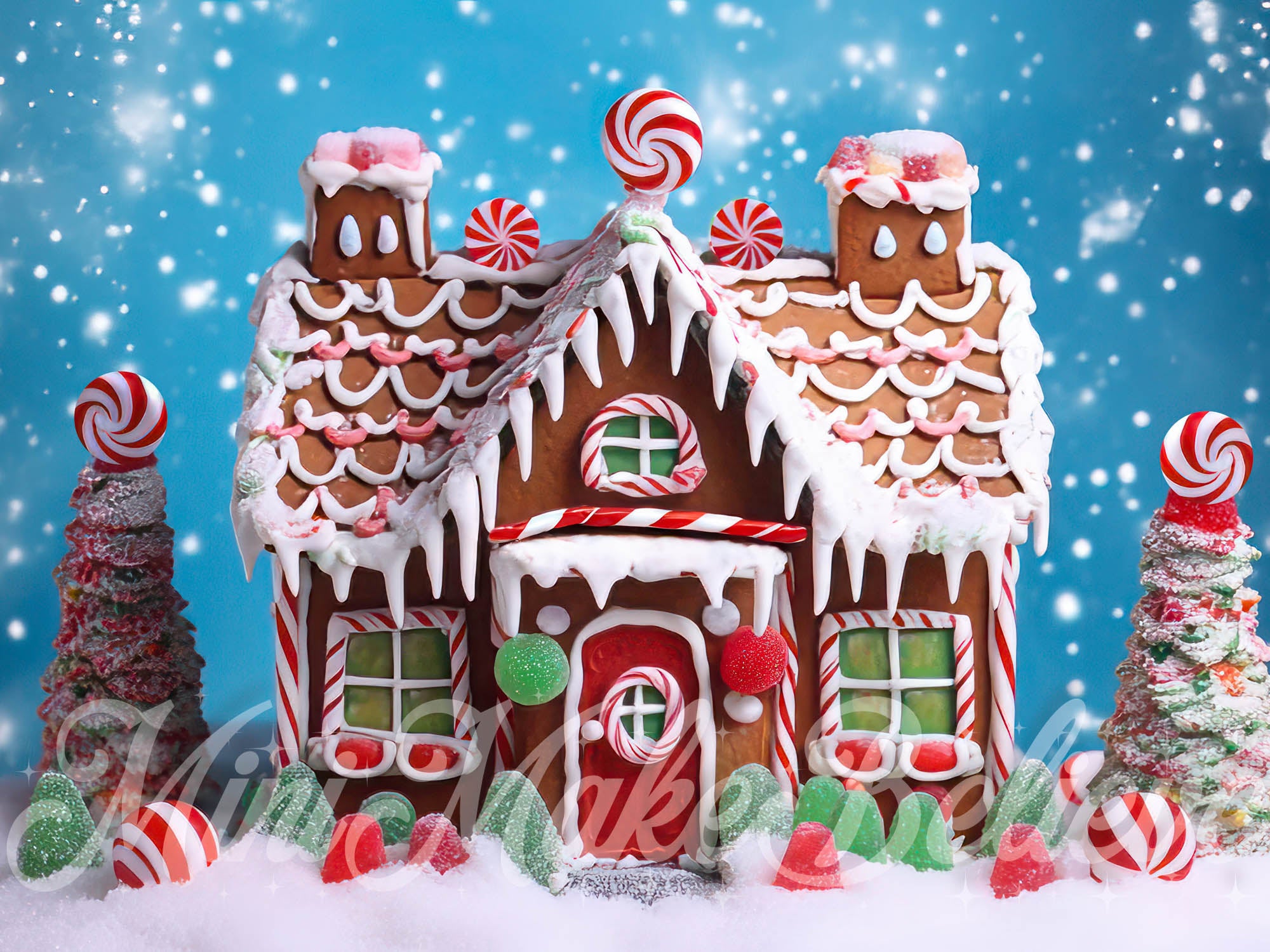 Kate Christmas Colorful Gingerbread House with Snow Winter Backdrop Designed by Mini MakeBelieve