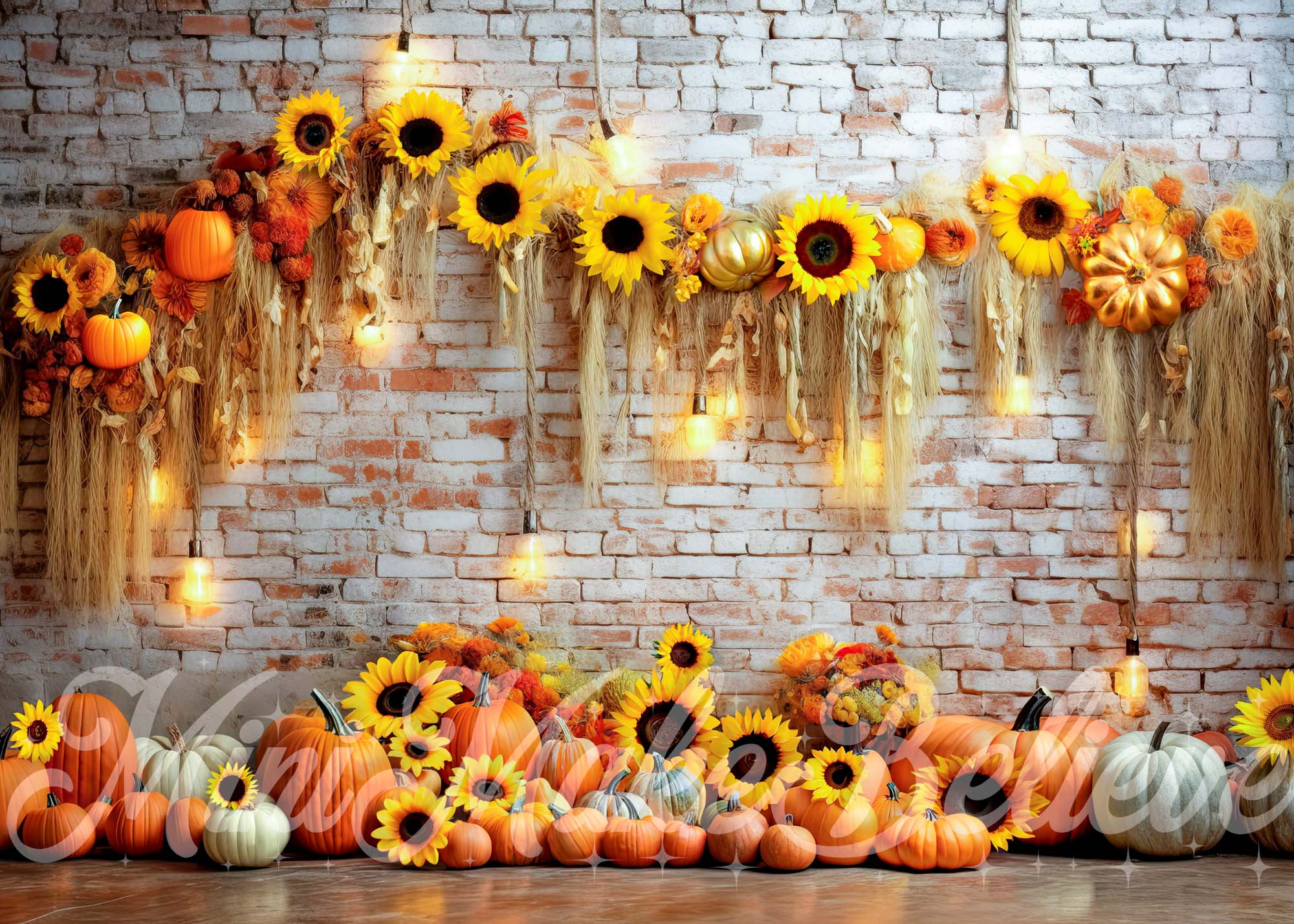 Kate Pumpkin Sunflower Brick Wall Autumn Backdrop Designed by Mini MakeBelieve