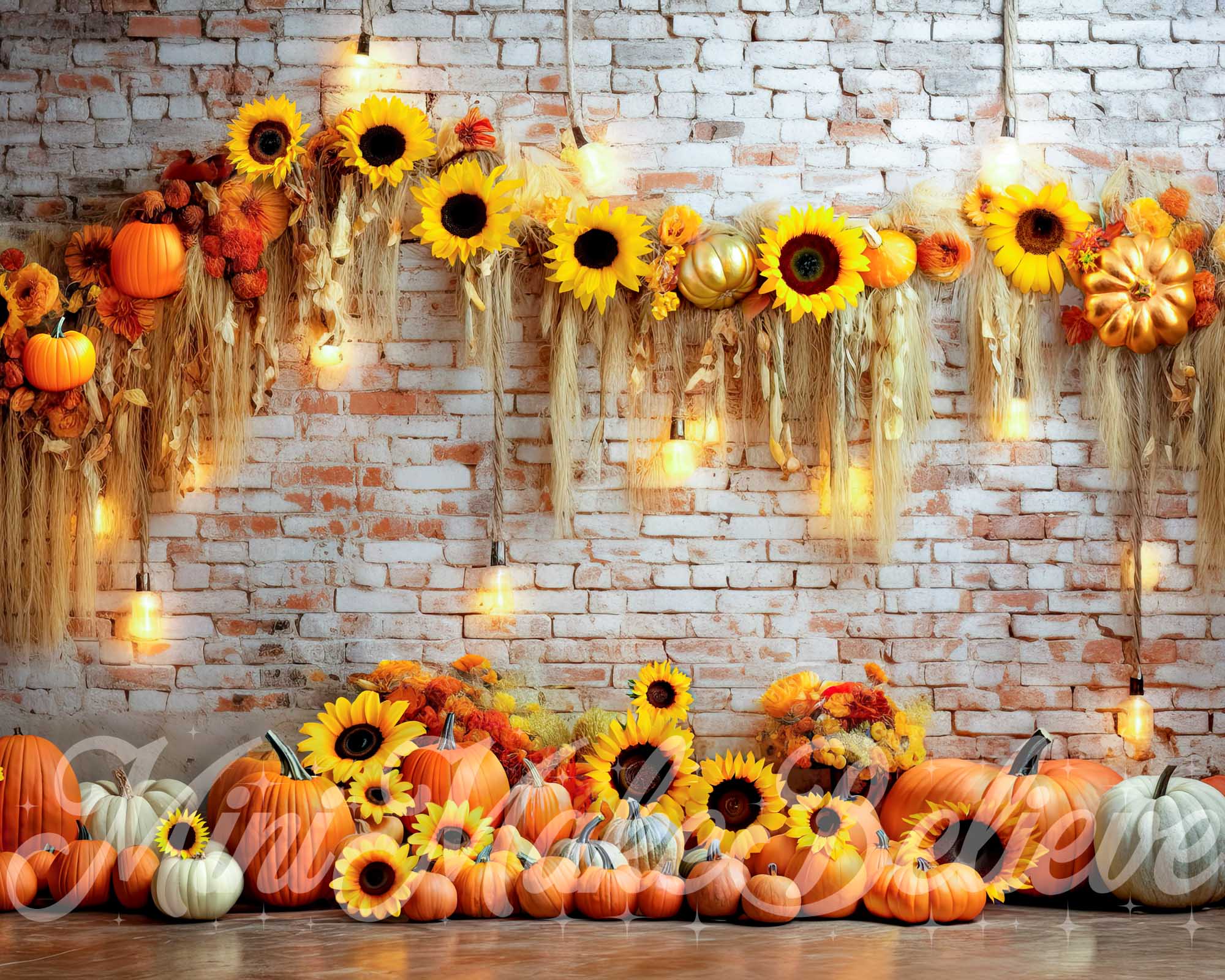 Kate Pumpkin Sunflower Brick Wall Autumn Backdrop Designed by Mini MakeBelieve Kate Pumpkin Sunflower Brick Wall Autumn Backdrop Designed by Mini MakeBelieve