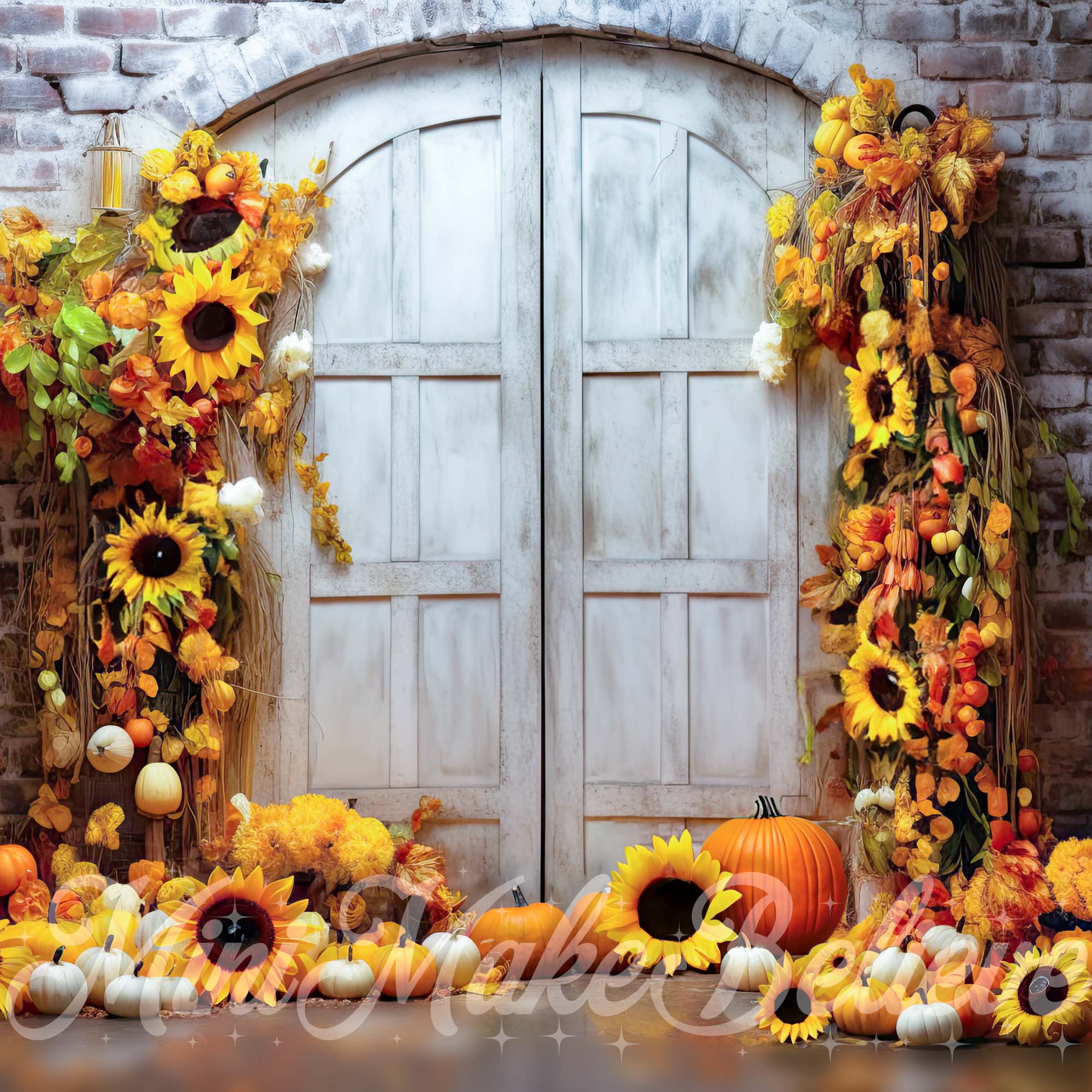 Kate Autumn Sunflower Brick Wall with Door Backdrop Designed by Mini MakeBelieve