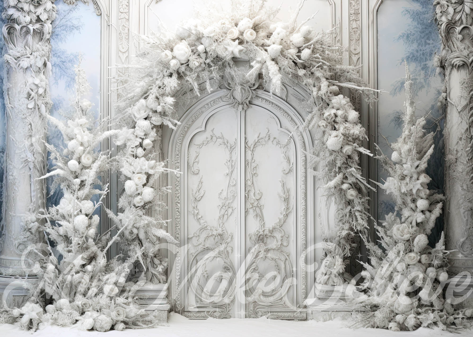Kate Christmas Frosted Arch Over Doors Winter Backdrop Designed by Mini MakeBelieve