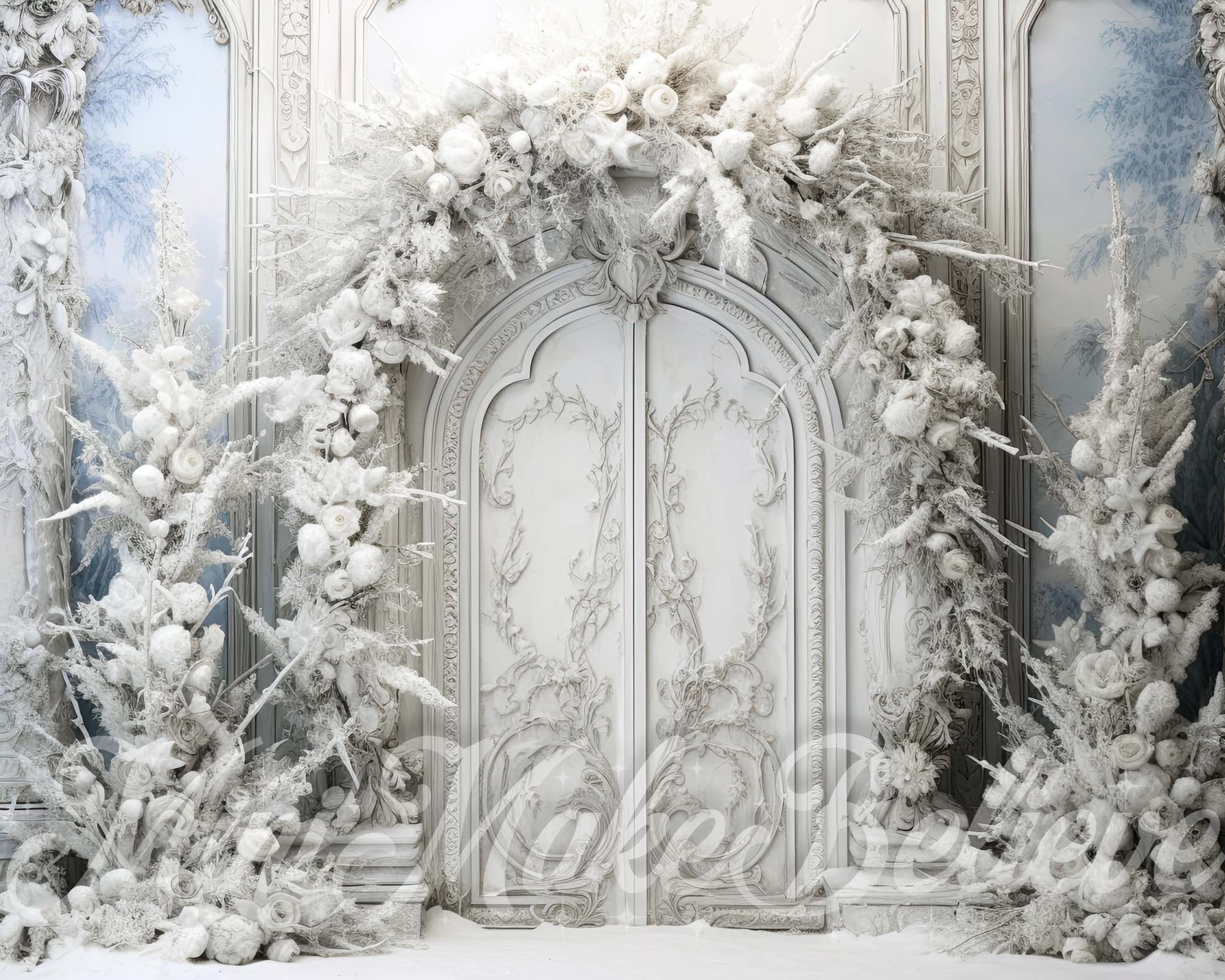 Kate Christmas Frosted Arch Over Doors Winter Backdrop Designed by Mini MakeBelieve