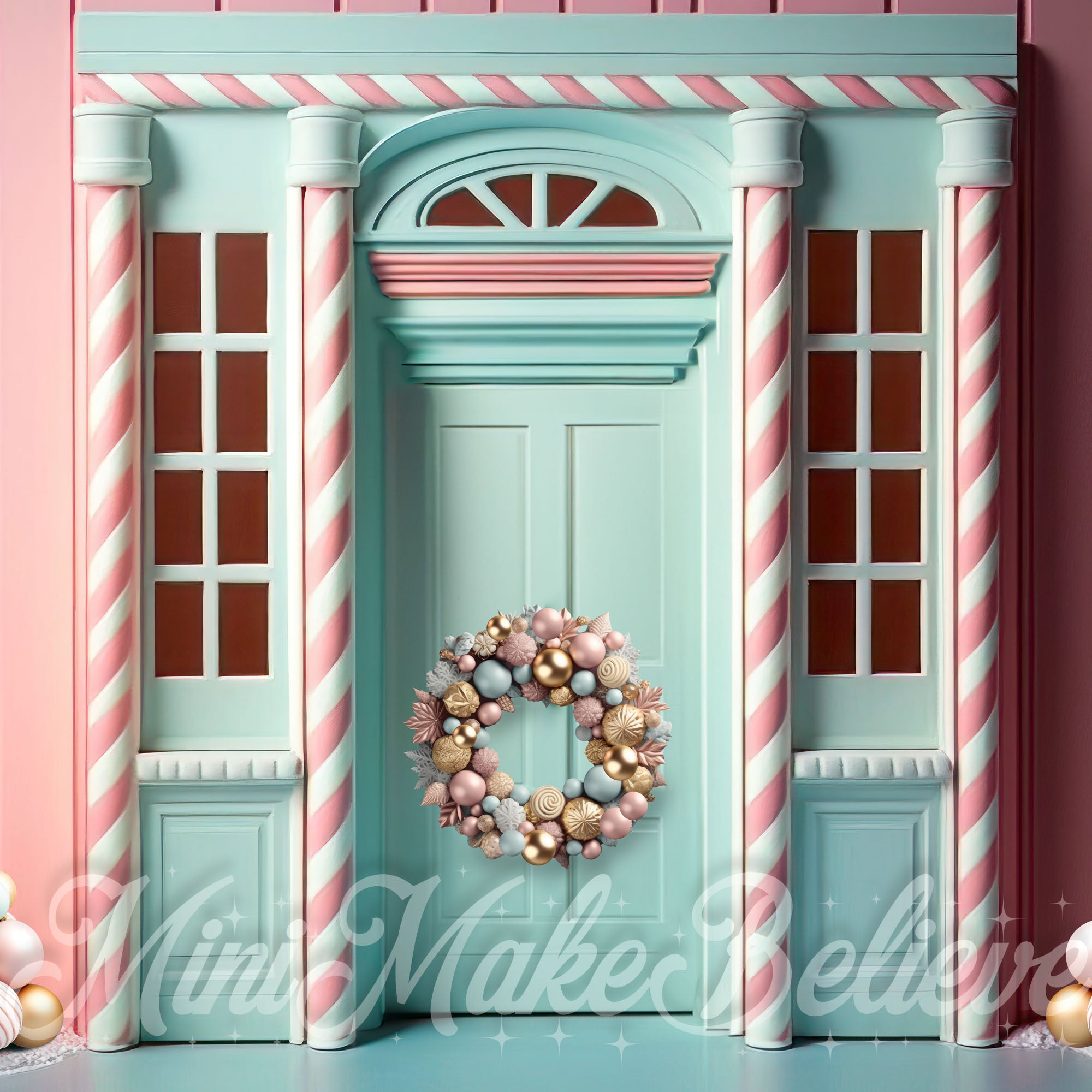 Kate Christmas Pastel Gingerbread Green Door Winter Backdrop Designed by Mini MakeBelieve