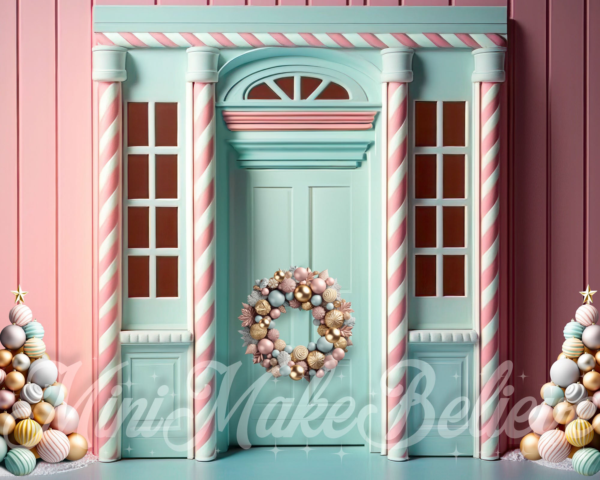 Kate Christmas Pastel Gingerbread Green Door Winter Backdrop Designed by Mini MakeBelieve