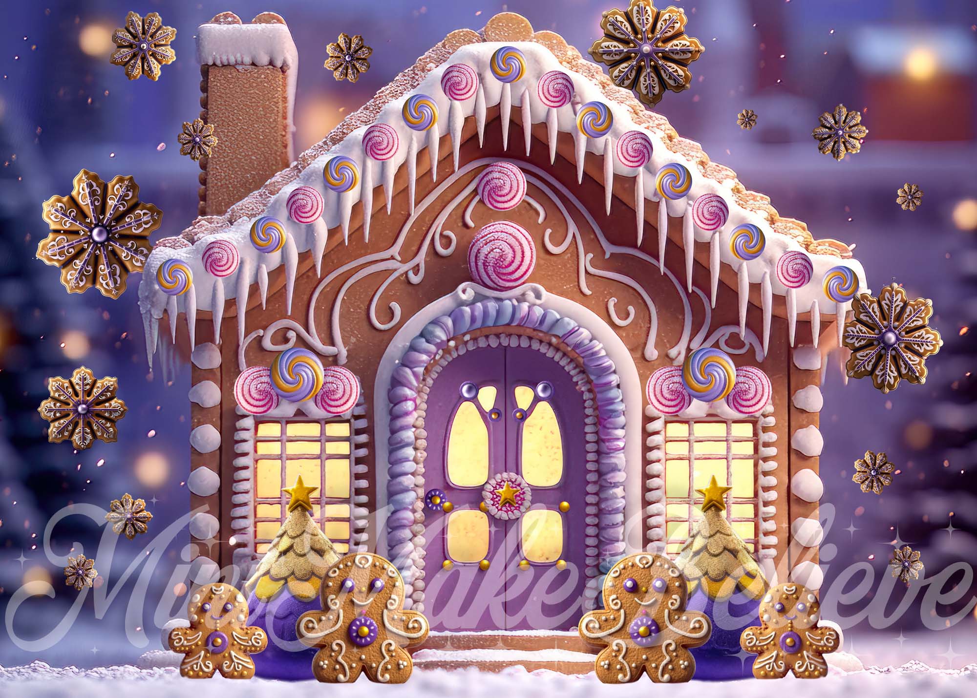 Kate Gingerbread House with Cookie Snowflakes Backdrop Designed by Mini MakeBelieve