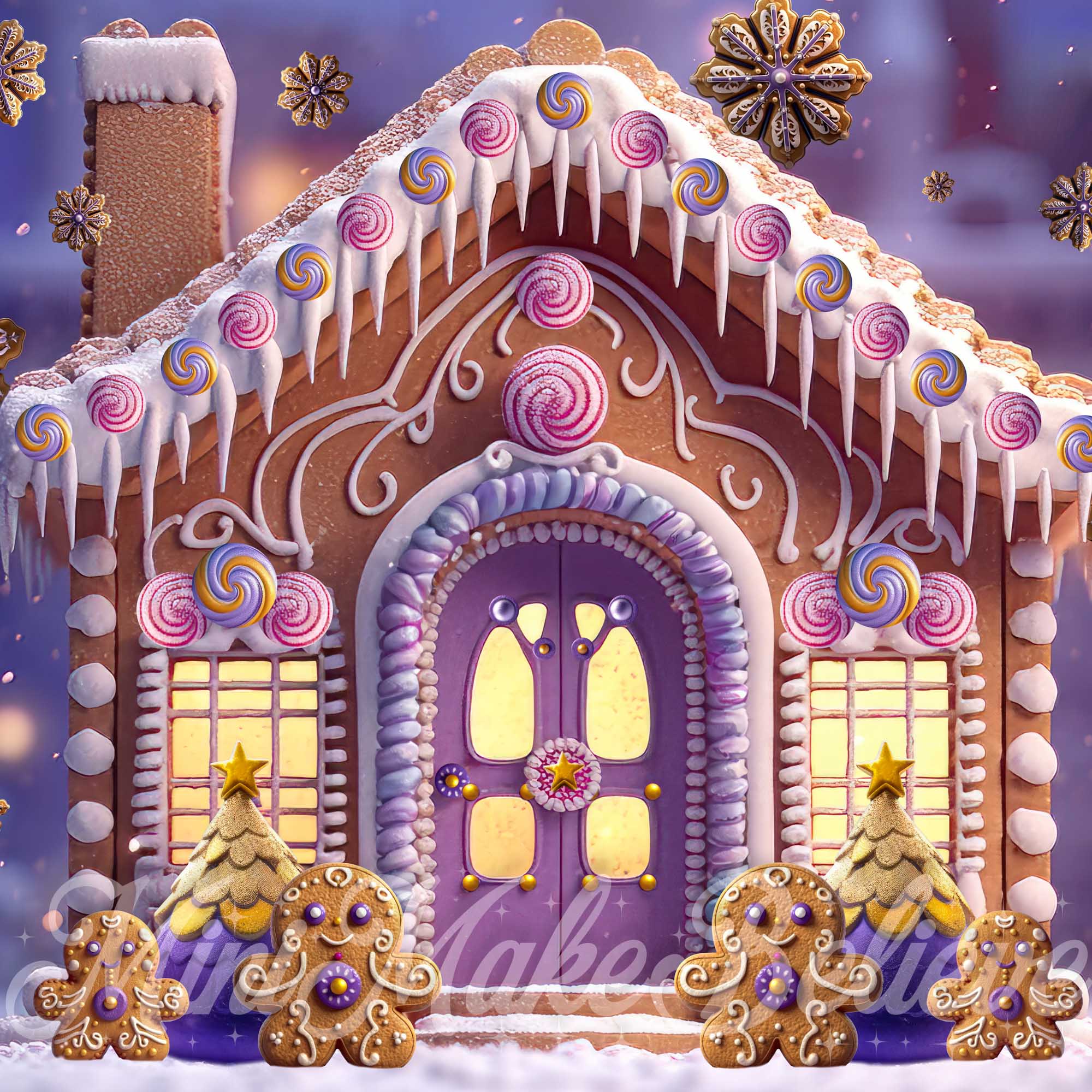 Kate Gingerbread House with Cookie Snowflakes Backdrop Designed by Mini MakeBelieve