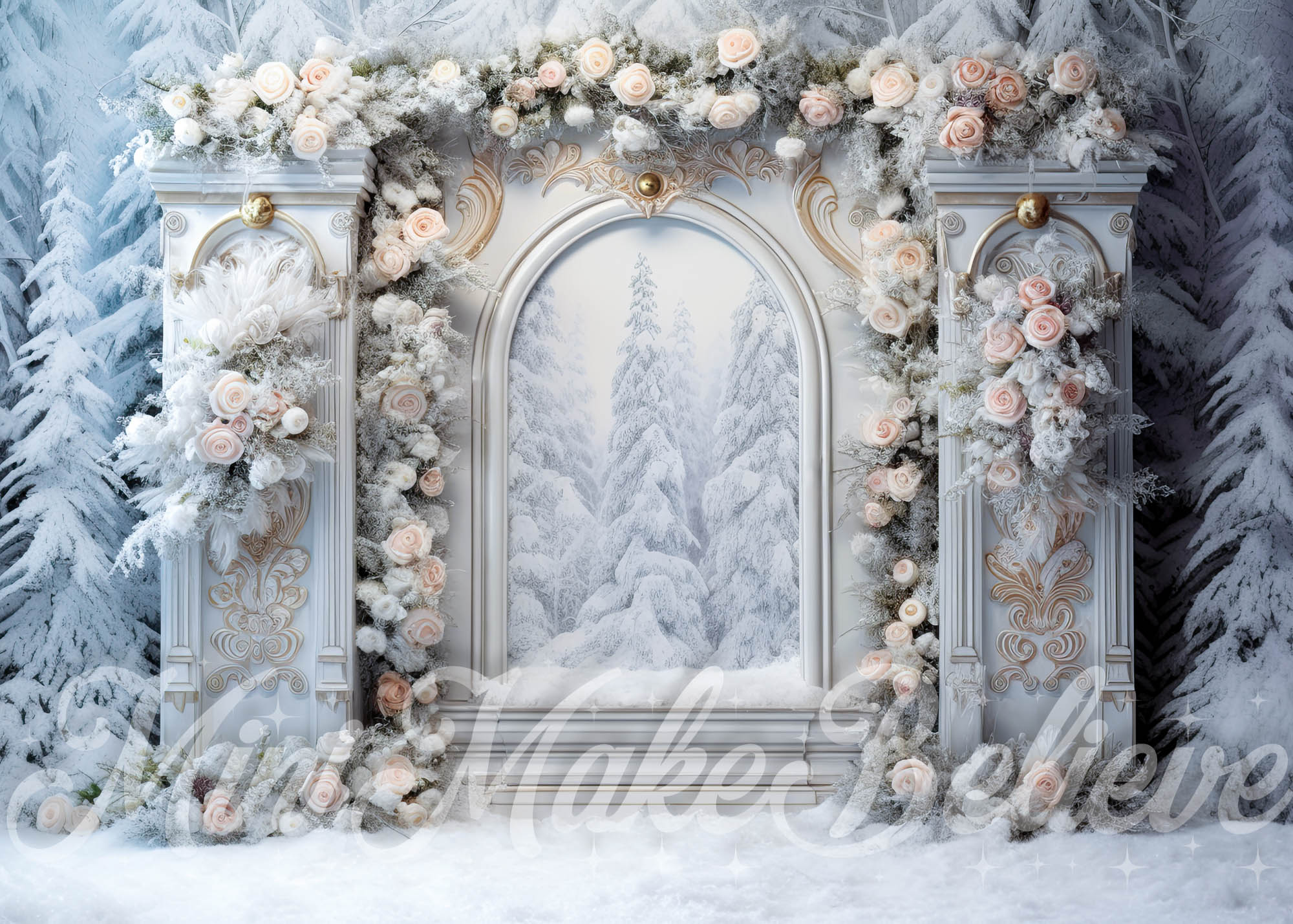 Kate Christmas Rose Floral Arch Over Open Door Winter Backdrop Designed by Mini MakeBelieve