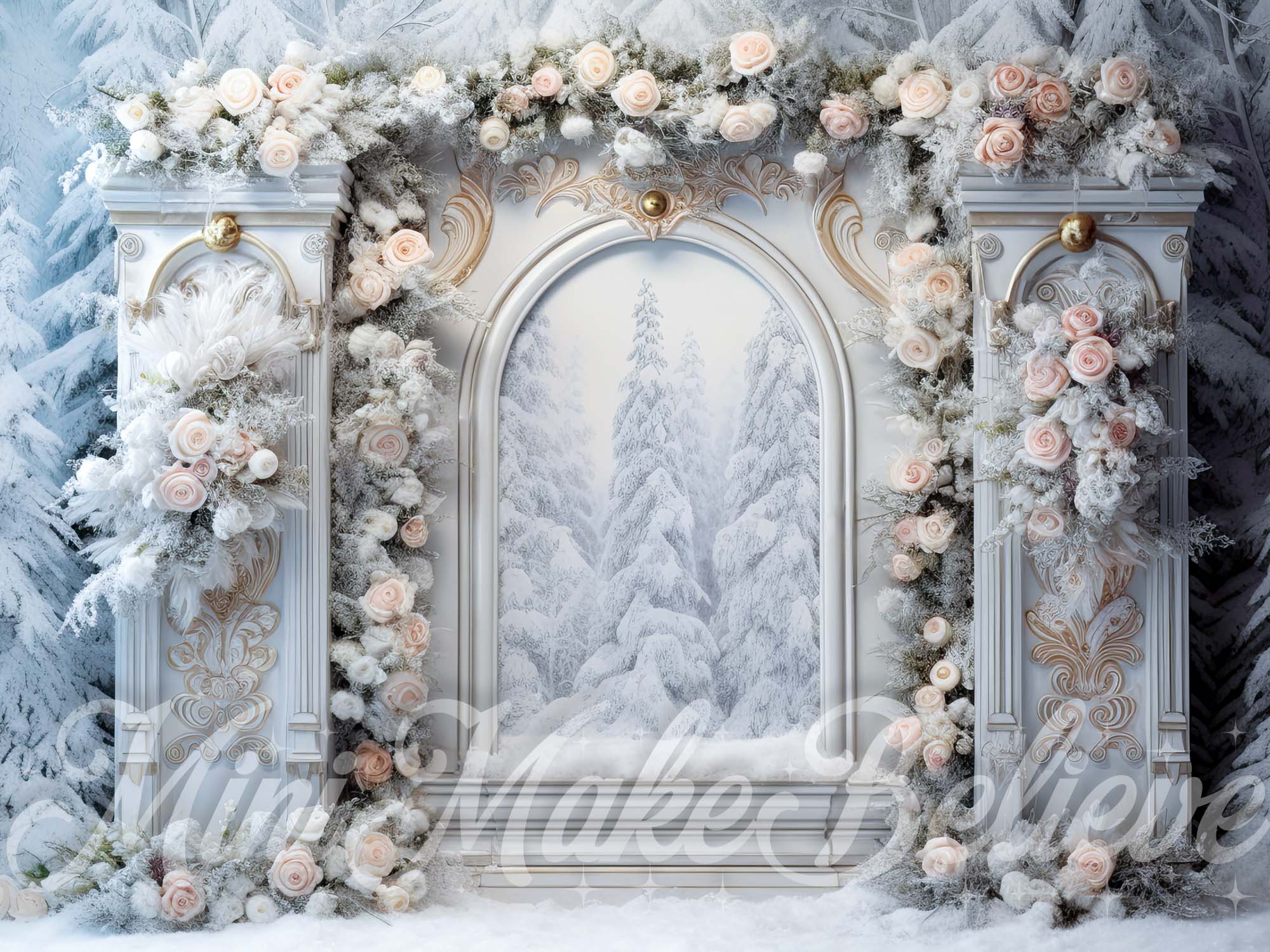 Kate Christmas Rose Floral Arch Over Open Door Winter Backdrop Designed by Mini MakeBelieve