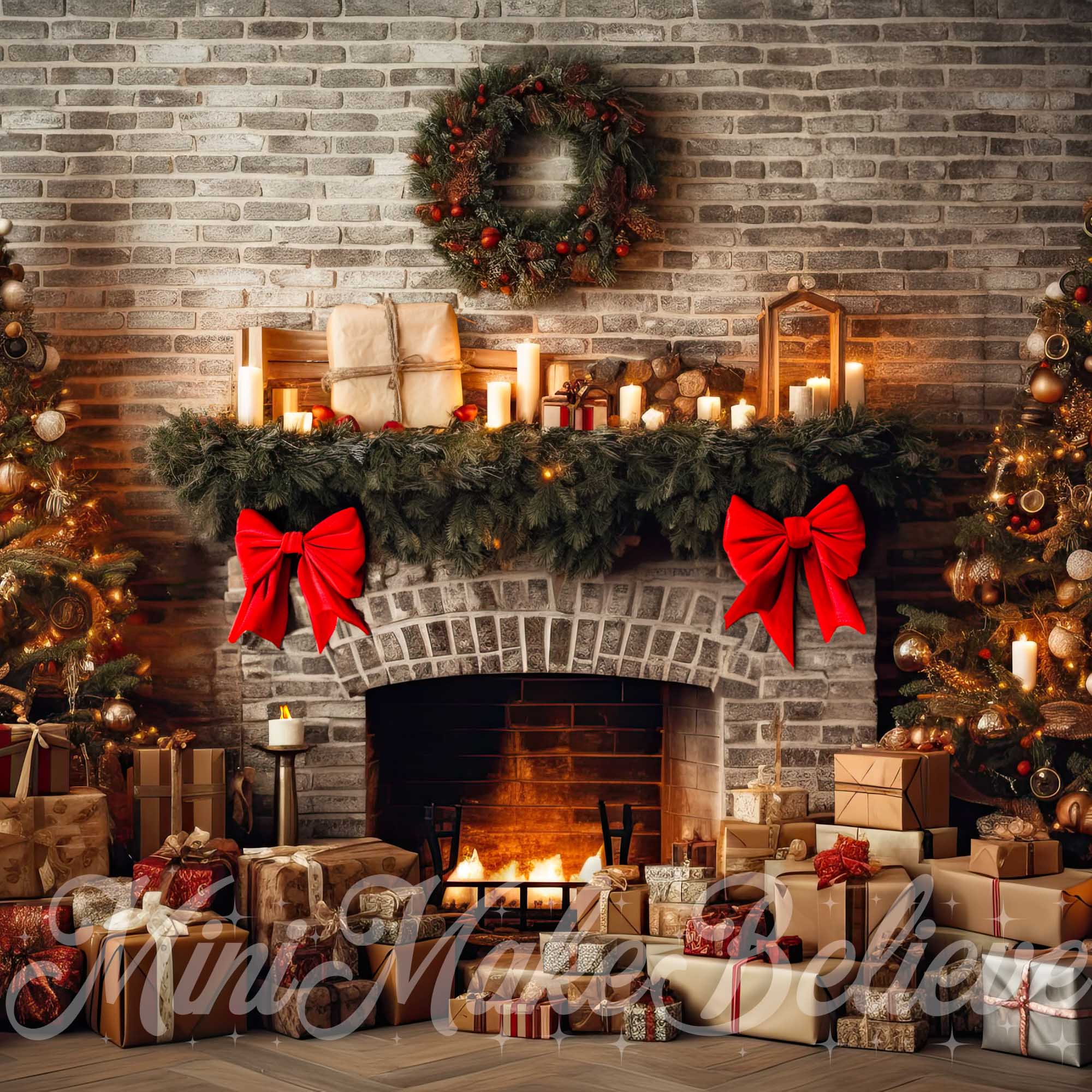Kate Christmas Rustic Brick Fireplace and Trees Winter Fleece Backdrop Designed by Mini MakeBelieve