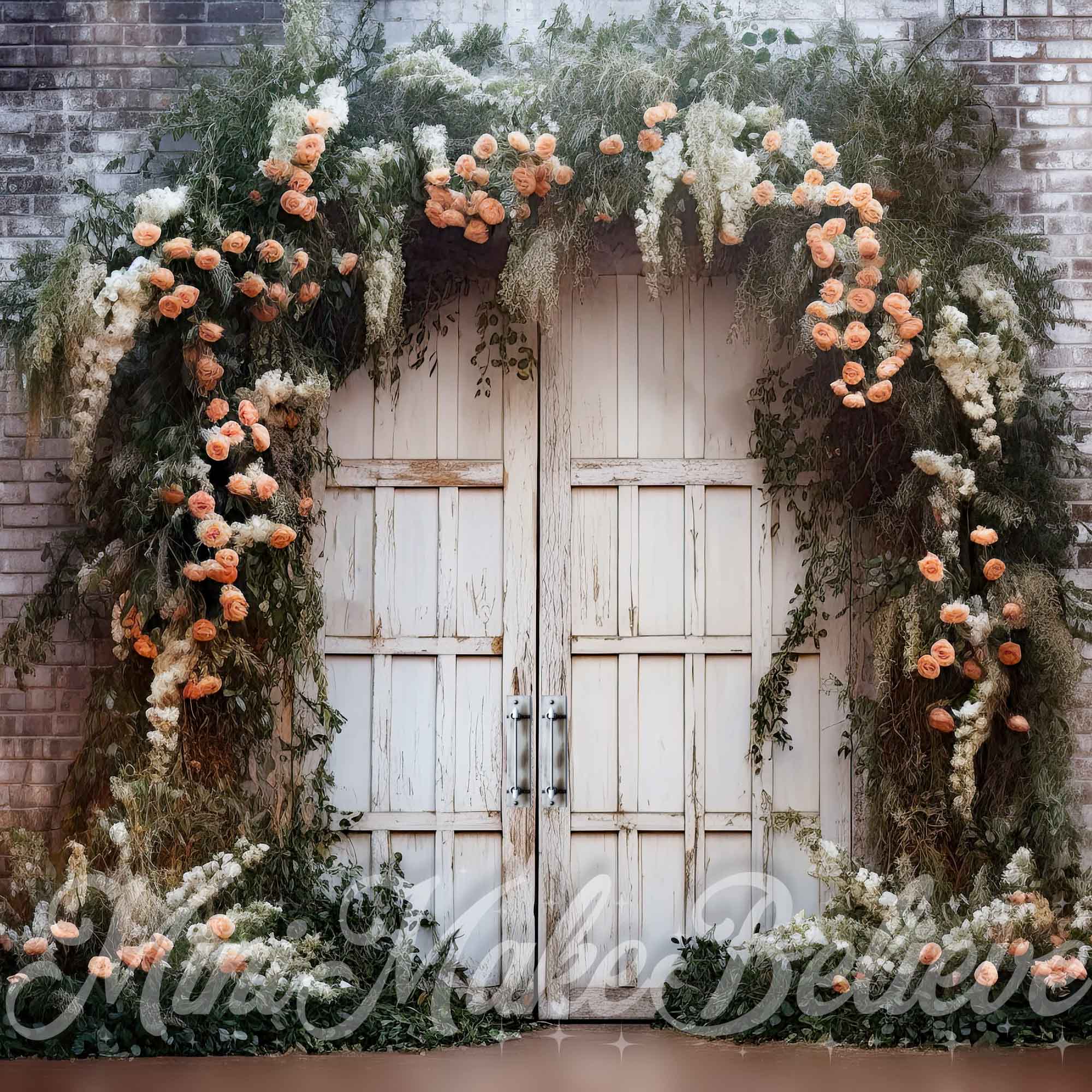 Kate Christmas Rustic Brick Wall with Floral Arch Doors Winter Backdrop Designed by Mini MakeBelieve