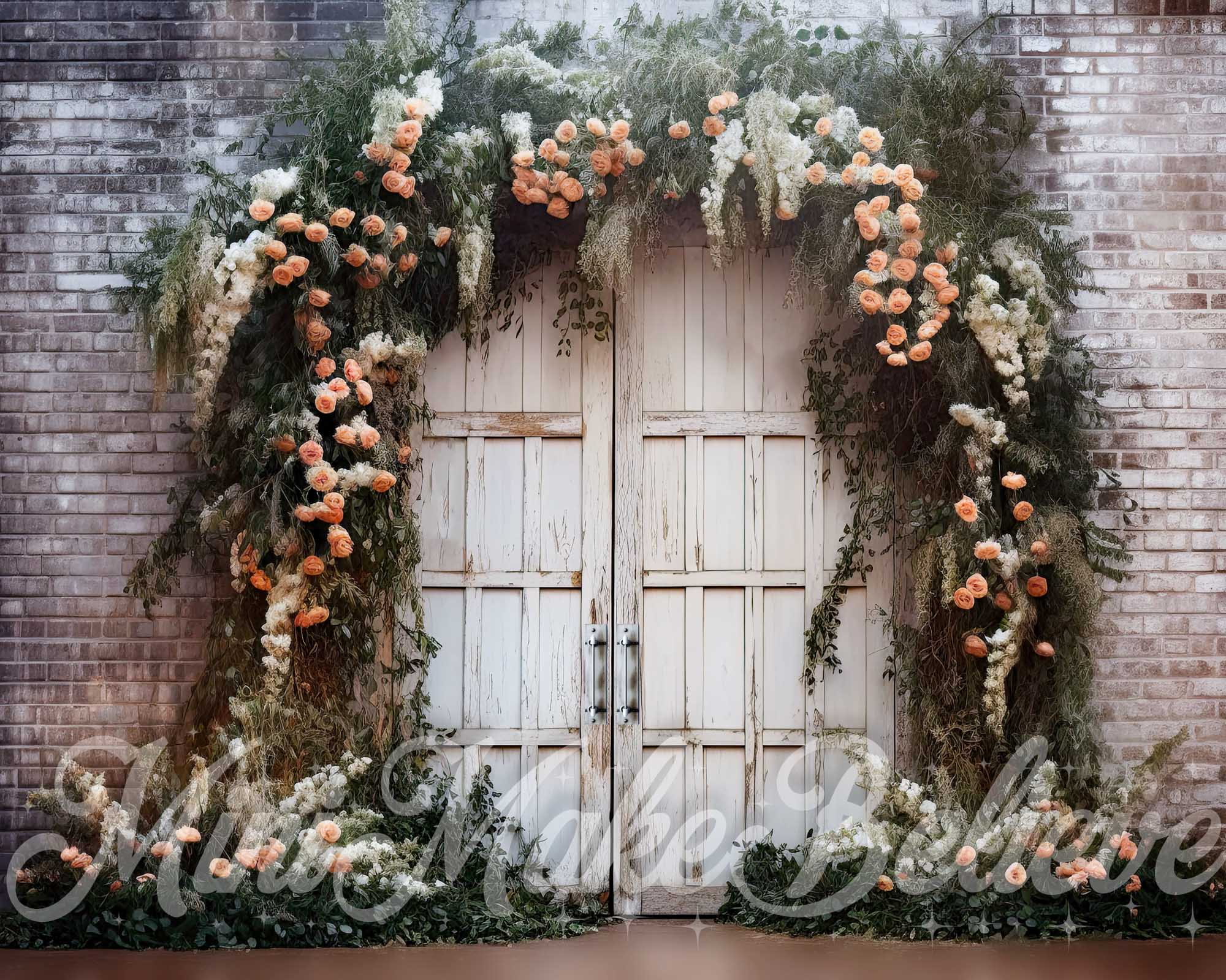 Kate Christmas Rustic Brick Wall with Floral Arch Doors Winter Backdrop Designed by Mini MakeBelieve