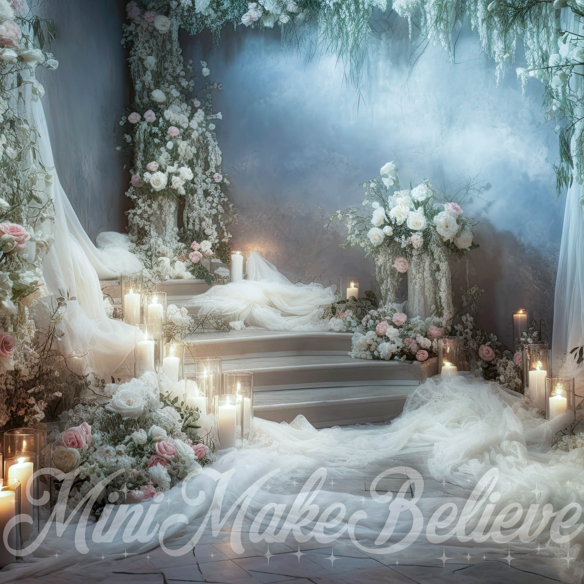 Kate Christmas Fine Art Soft Painted Stairs Winter Backdrop Designed by Mini MakeBelieve