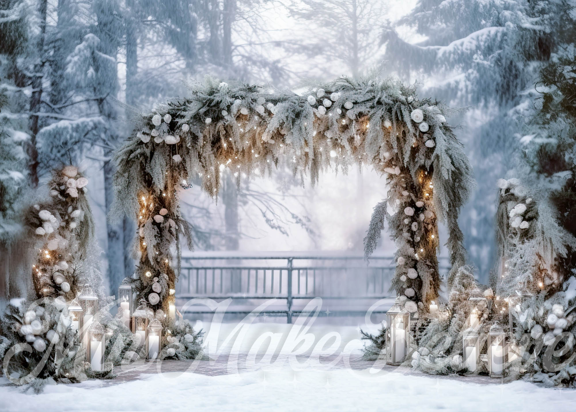 Kate Christmas White Floral Arch in Park Backdrop Designed by Mini MakeBelieve