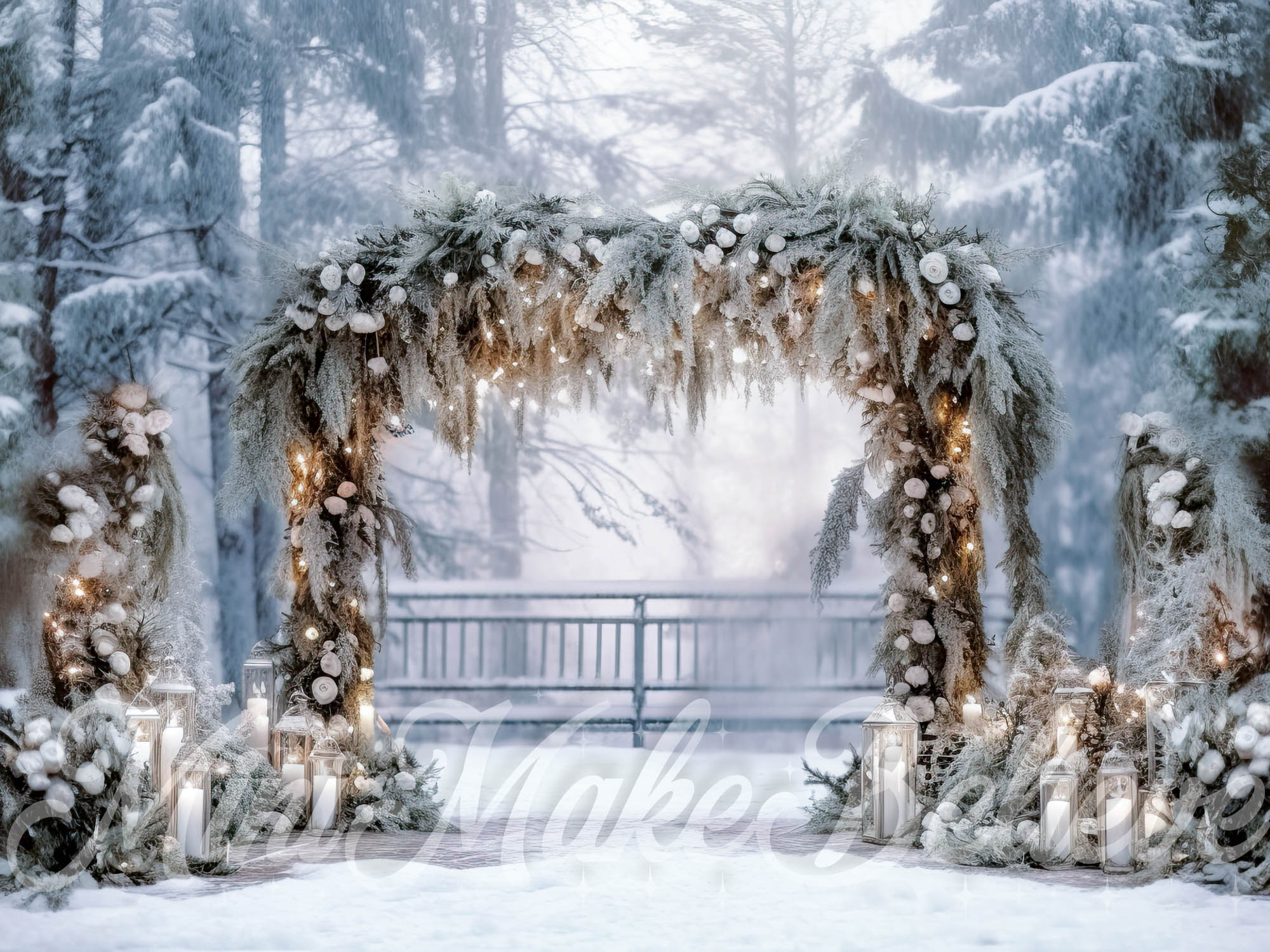 Kate Christmas White Floral Arch in Park Backdrop Designed by Mini MakeBelieve