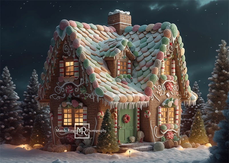Kate Gingerbread Cottage at Night Christmas Backdrop Designed by Mandy Ringe Photography