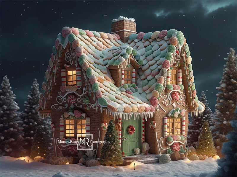 Kate Gingerbread Cottage at Night Christmas Backdrop Designed by Mandy Ringe Photography
