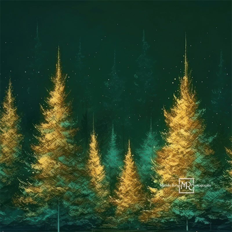 Kate Green and Gold Painted Christmas Holiday Trees Backdrop Designed by Mandy Ringe Photography