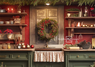 Kate Christmas Green Kitchen Red Wall Rustic Shelf Wreath Printed Backdrop Designed by Mandy Ringe Photography