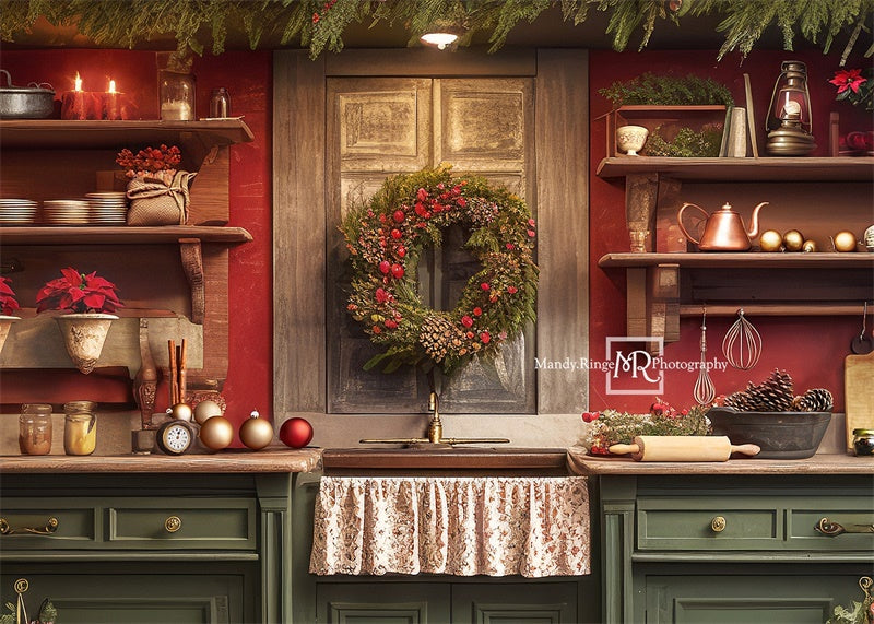 Kate Red and Green Christmas Kitchen Fleece Backdrop Designed by Mandy Ringe Photography