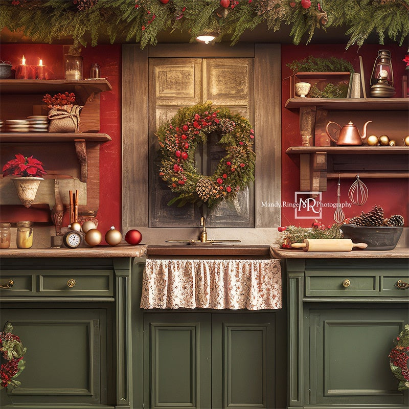 RTS Kate Red and Green Christmas Kitchen Backdrop Designed by Mandy Ringe Photography