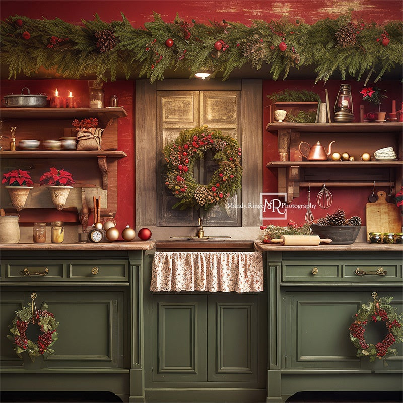 Kate Red and Green Christmas Kitchen Fleece Backdrop Designed by Mandy Ringe Photography