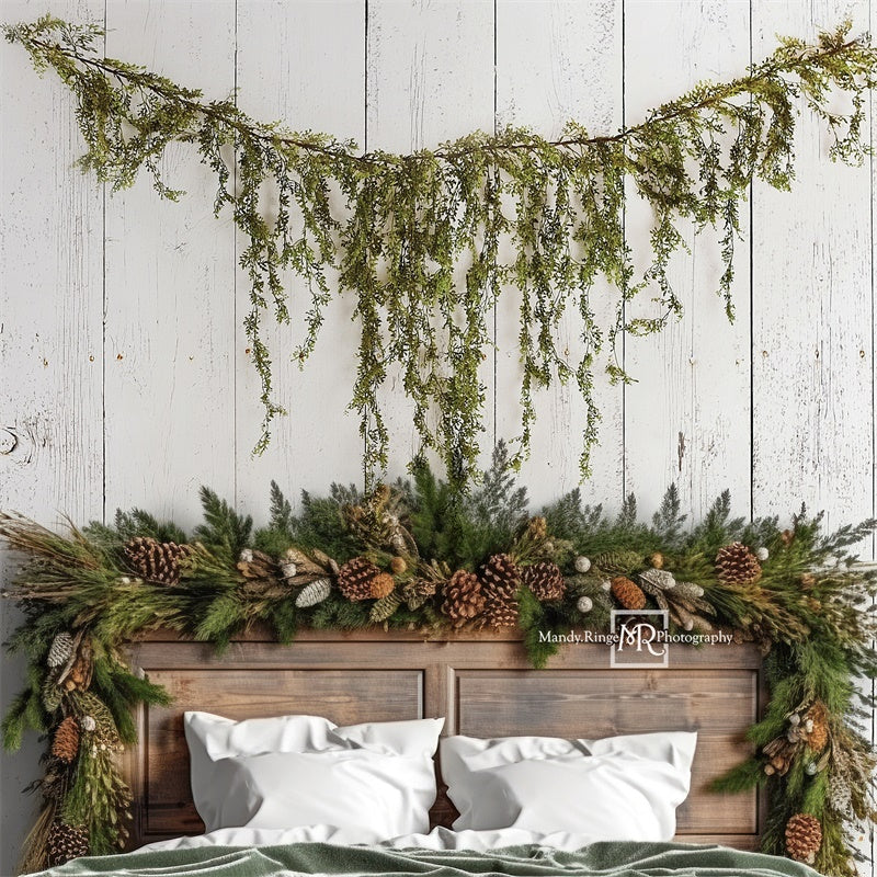 Kate Headboard with Winter Greenery and Pinecones Backdrop Designed by Mandy Ringe Photography